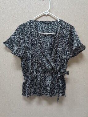 Women's Black Wrap Blouse with White Print Size:L  Papermoon